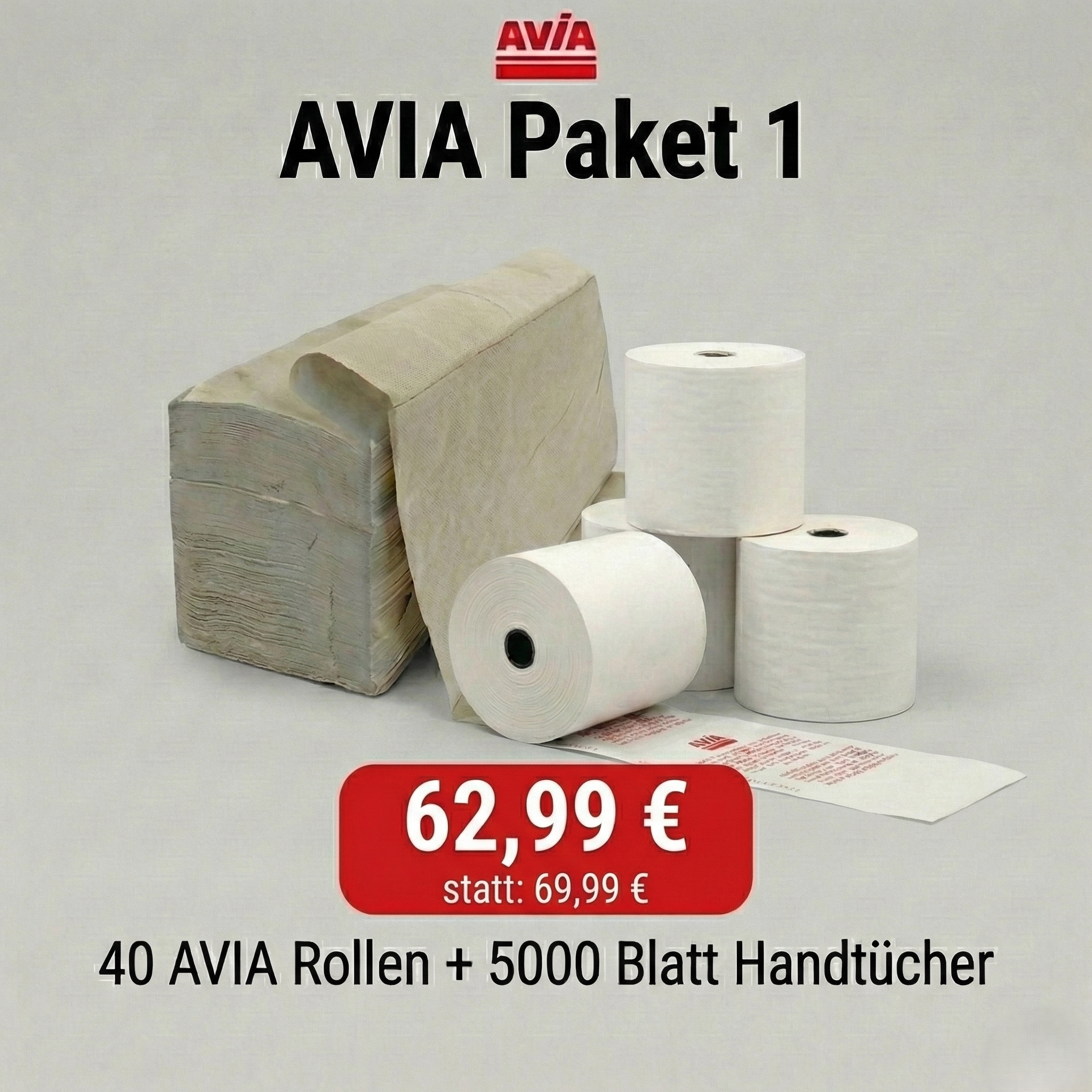 AVIA Paket 1 - 40 Thermokassenrollen mit AVIA-Logo + 5.000 Blatt V-Faltz Handtuchpapier